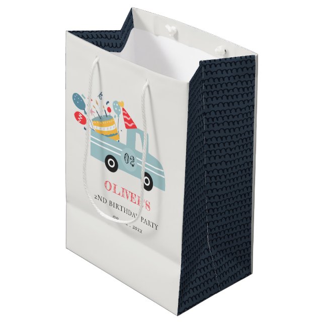 Cute Dusky Blue Any Age Birthday Party Cake Truck Medium Gift Bag (Front Angled)