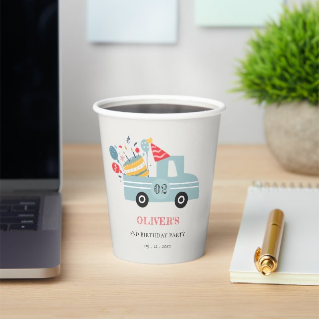 Cute Dusky Blue Any Age Birthday Party Cake Truck Paper Cups (Insitu)