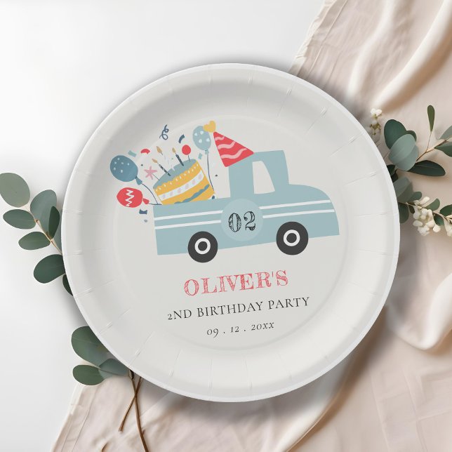 Cute Dusky Blue Any Age Birthday Party Cake Truck Paper Plates (Creator Uploaded)