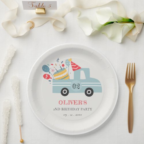 Cute Dusky Blue Any Age Birthday Party Cake Truck Paper Plates