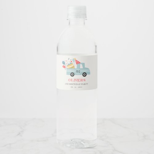 Cute Dusky Blue Any Age Birthday Party Cake Truck Water Bottle Label