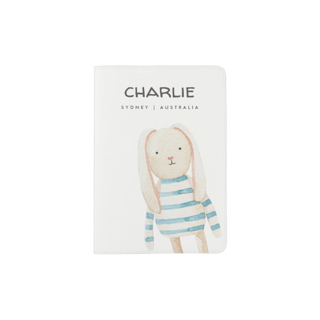 Cute Dusky Blue Bunny Stripe Baby Custom My First Passport Holder (Front)