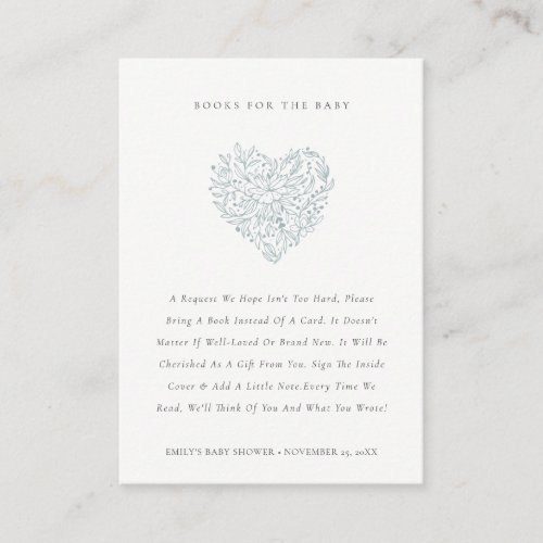 Cute Dusky Blue Floral Heart Books for Baby Shower Enclosure Card