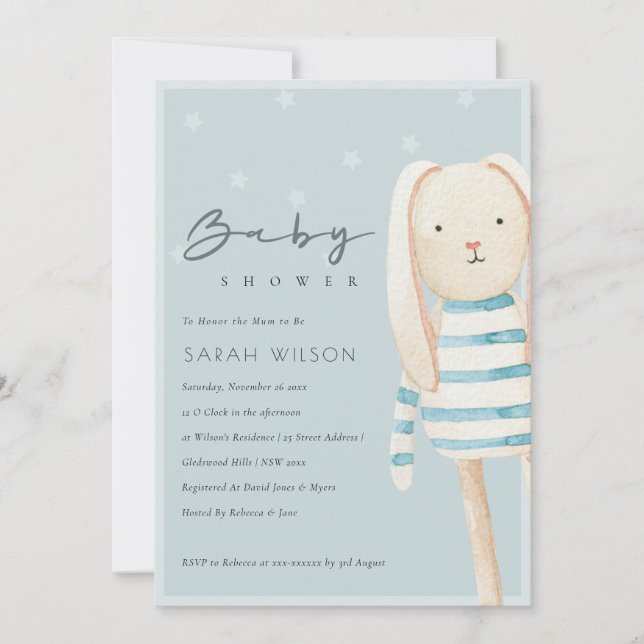 Cute Dusky Blue Grey Bunny Baby Shower Invite (Front)