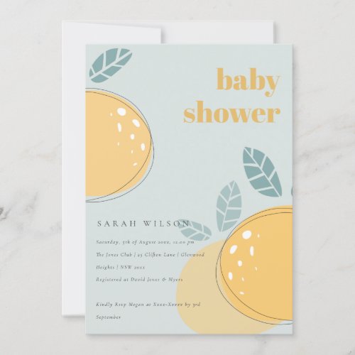 Cute Dusky Blue Lemon Fruity Bold Baby Shower Invitation