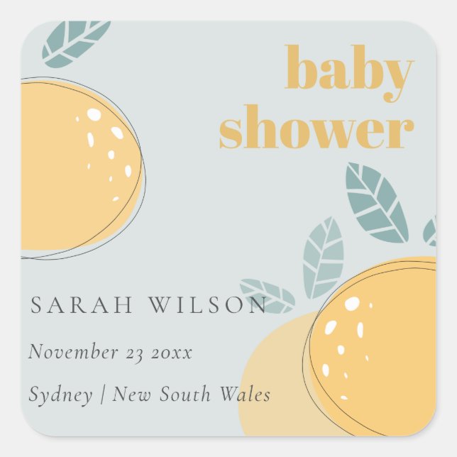 Cute Dusky Blue Lemon Fruity Bold Baby Shower Square Sticker (Front)