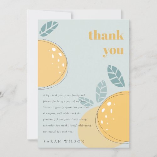 Cute Dusky Blue Lemon Fruity Bold Baby Shower Thank You Card