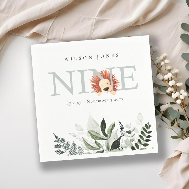 Cute Dusky Blue Lion Foliage 9th Ninth Birthday Napkins (Creator Uploaded)