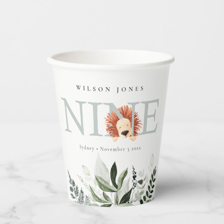 Cute Dusky Blue Lion Foliage 9th Ninth Birthday Paper Cups