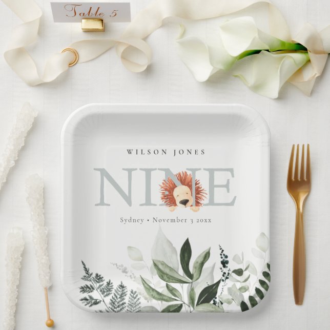 Cute Dusky Blue Lion Foliage 9th Ninth Birthday Paper Plates (Wedding)