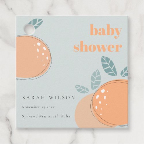 Cute Dusky Blue Orange Fruity Bold Baby Shower Favor Tags