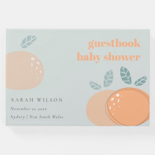 Cute Dusky Blue Orange Fruity Bold Baby Shower Guest Book