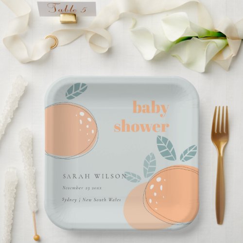 Cute Dusky Blue Orange Fruity Bold Baby Shower Paper Plates