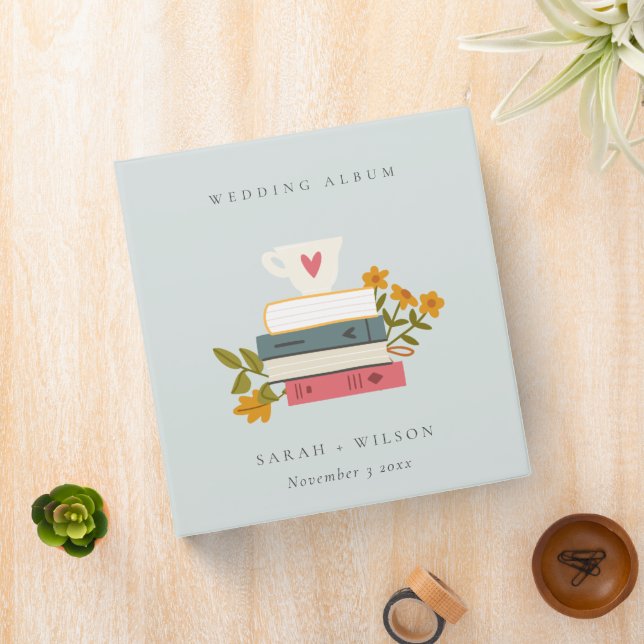 Cute Dusky Blue Stacked Storybooks Floral Wedding 3 Ring Binder (In Situ)