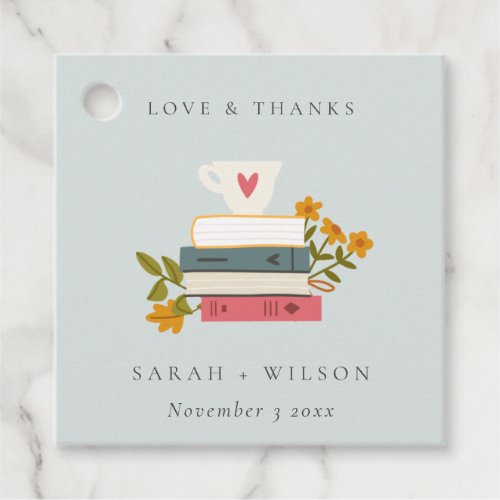 Cute Dusky Blue Stacked Storybooks Floral Wedding Favor Tags