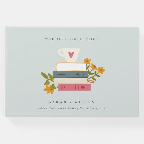 Cute Dusky Blue Stacked Storybooks Floral Wedding Guest Book