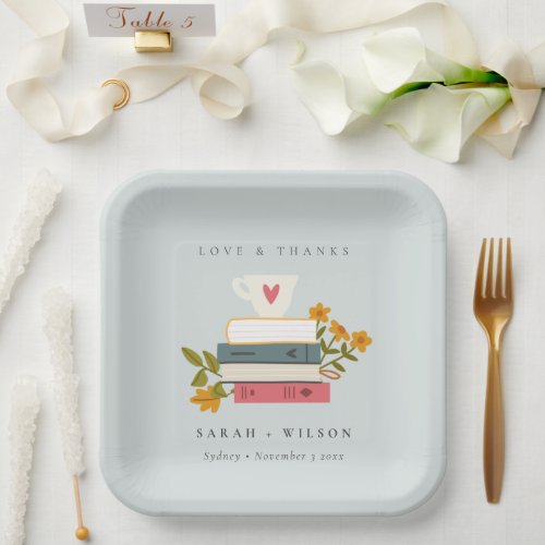 Cute Dusky Blue Stacked Storybooks Floral Wedding Paper Plates