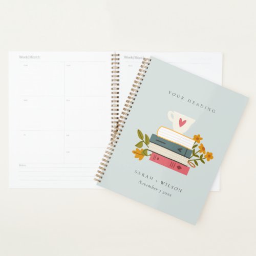 Cute Dusky Blue Stacked Storybooks Floral Wedding Planner