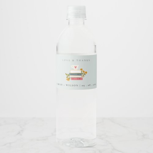 Cute Dusky Blue Stacked Storybooks Floral Wedding Water Bottle Label