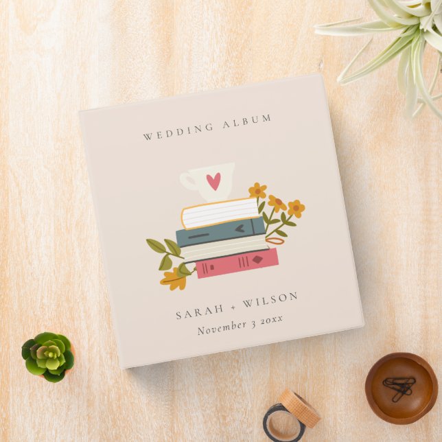 Cute Dusky Blush Stacked Storybooks Floral Wedding 3 Ring Binder (In Situ)