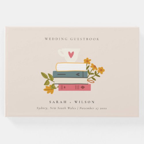 Cute Dusky Blush Stacked Storybooks Floral Wedding Guest Book