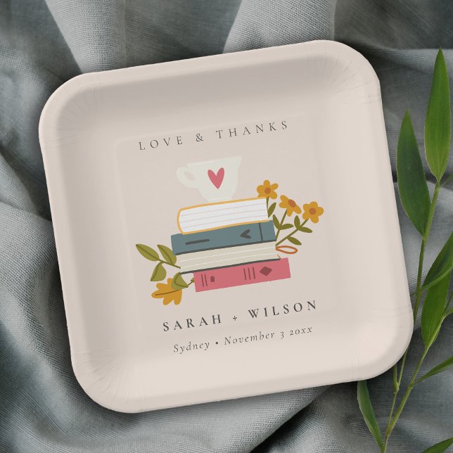 Cute Dusky Blush Stacked Storybooks Floral Wedding Paper Plates (Creator Uploaded)
