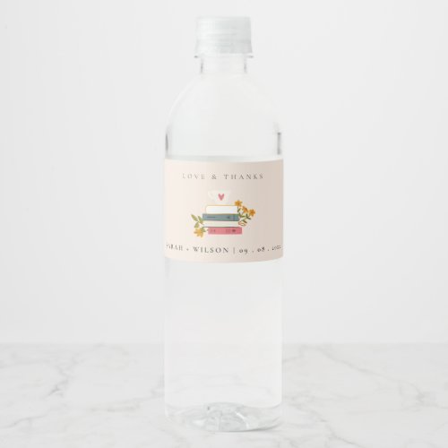 Cute Dusky Blush Stacked Storybooks Floral Wedding Water Bottle Label