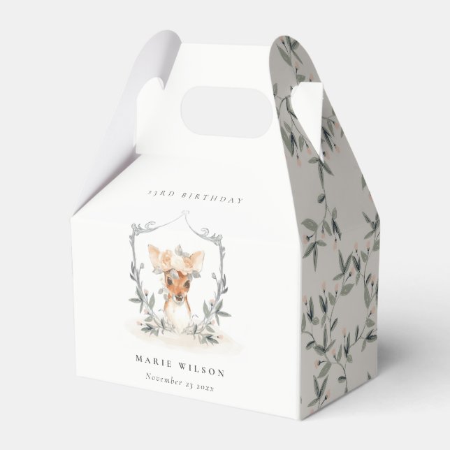 Cute Dusky Deer Floral Crest  Any Age Birthday Favor Boxes (Front Side)