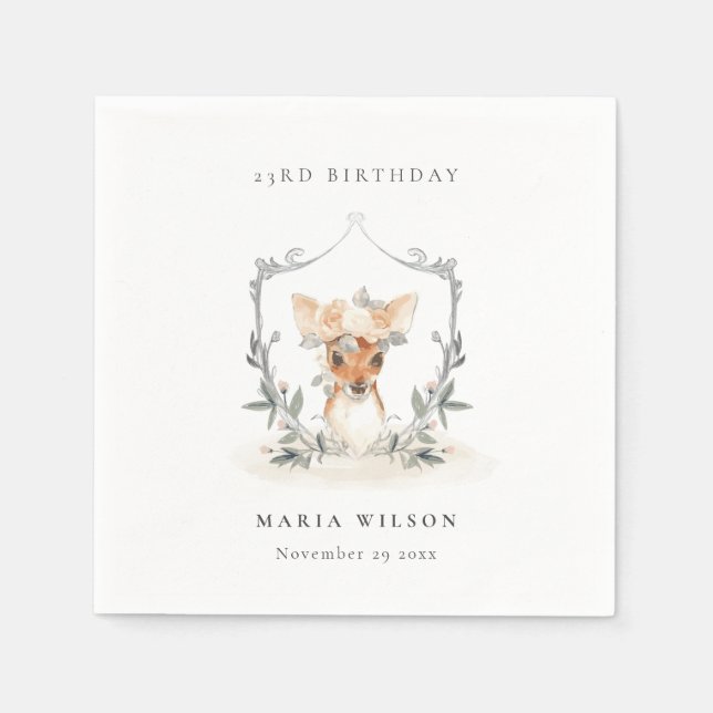 Cute Dusky Deer Floral Crest Any Age Birthday Napkins (Front)