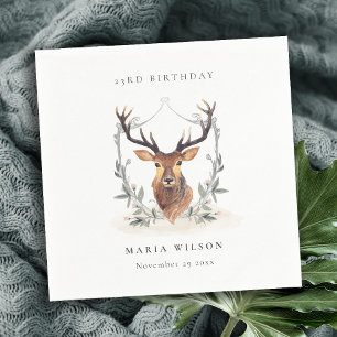 Cute Dusky Deer Floral Crest Any Age Birthday Napkins