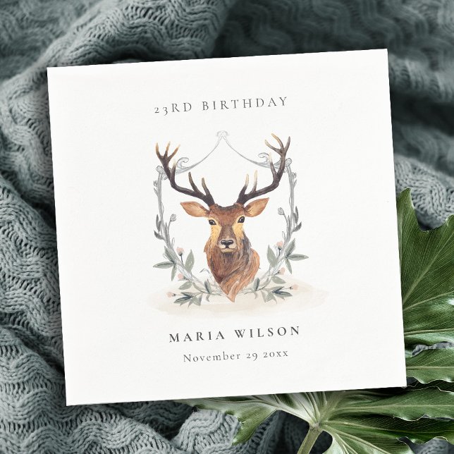 Cute Dusky Deer Floral Crest Any Age Birthday Napkins (Creator Uploaded)