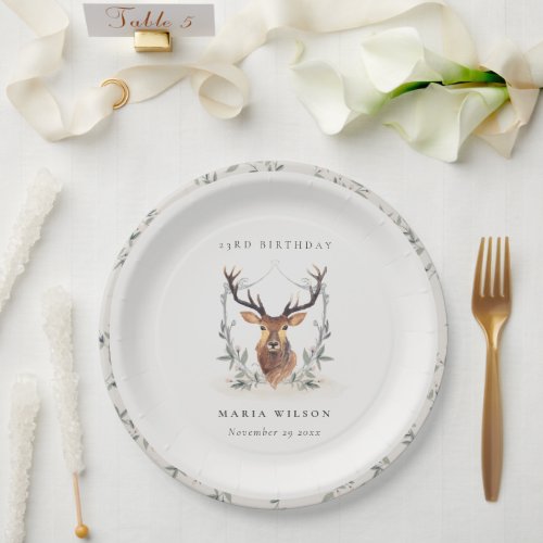 Cute Dusky Deer Floral Crest  Any Age Birthday Paper Plates