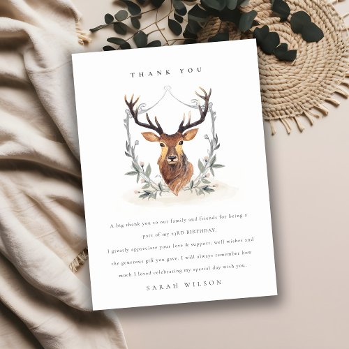 Cute Dusky Deer Floral Crest  Any Age Birthday Thank You Card
