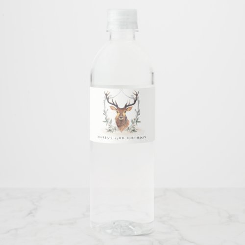 Cute Dusky Deer Floral Crest Any Age Birthday Water Bottle Label