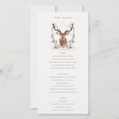 Cute Dusky Deer Floral Crest Wedding Menu Card