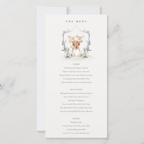 Cute Dusky Deer Floral Crest Wedding Menu Card