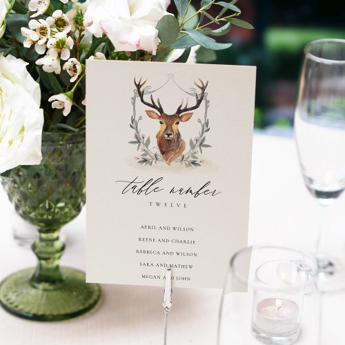 Cute Dusky Deer Floral Crest Wedding Seating Table Number