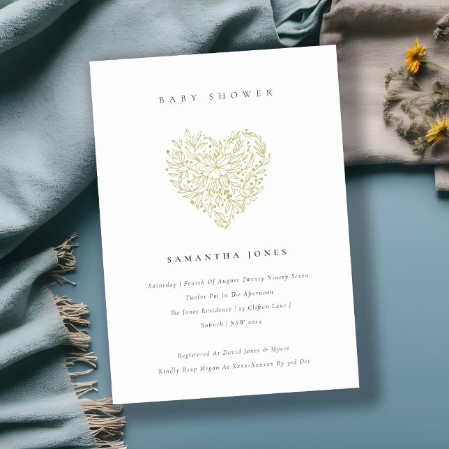 Cute Dusky Green Floral Heart Baby Shower Invite (Creator Uploaded)