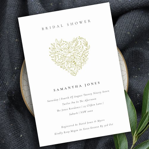 Cute Dusky Green Floral Heart Bridal Shower Invite