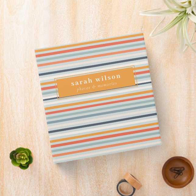 Cute Dusky Orange Blue Ochre Striped Pattern 3 Ring Binder (In Situ)