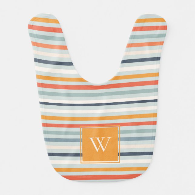 Cute Dusky Orange Blue Ochre Striped Pattern Baby Bib (Front)