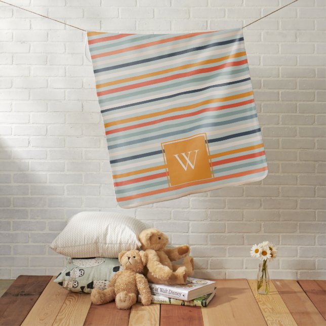 Cute Dusky Orange Blue Ochre Striped Pattern Baby Blanket (In Situ)