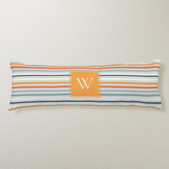 Cute Dusky Orange Blue Ochre Striped Pattern Body Pillow (Front)