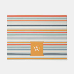Cute Dusky Orange Blue Ochre Striped Pattern Doormat