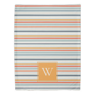 Cute Dusky Orange Blue Ochre Striped Pattern Duvet Cover