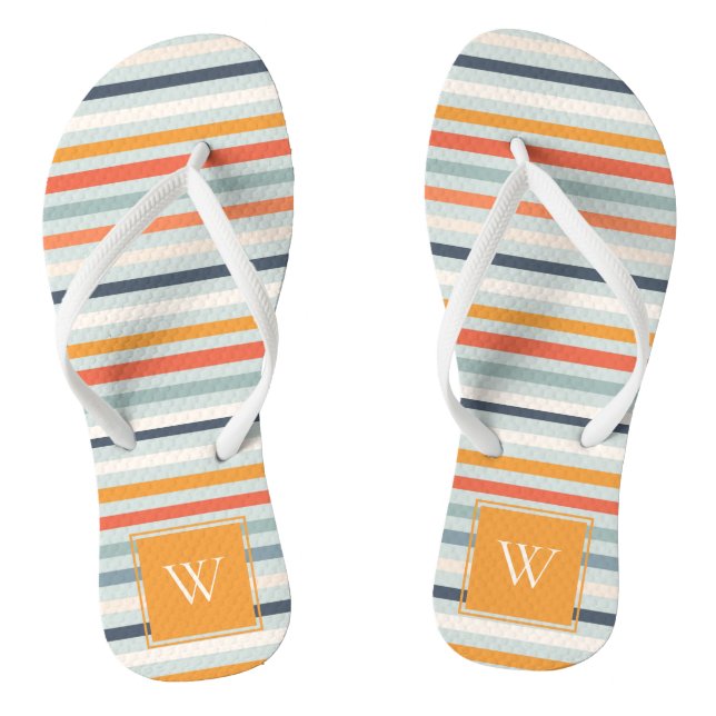 Cute Dusky Orange Blue Ochre Striped Pattern Flip Flops (Footbed)