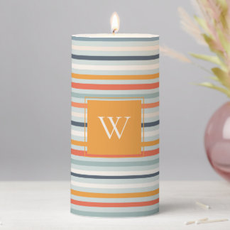 Cute Dusky Orange Blue Ochre Striped Pattern Pillar Candle