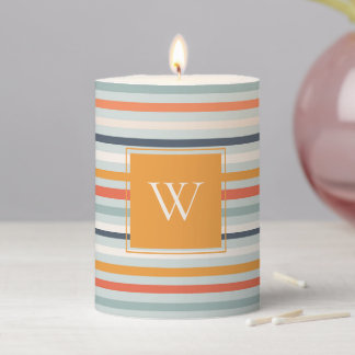 Cute Dusky Orange Blue Ochre Striped Pattern Pillar Candle