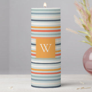 Cute Dusky Orange Blue Ochre Striped Pattern Pillar Candle