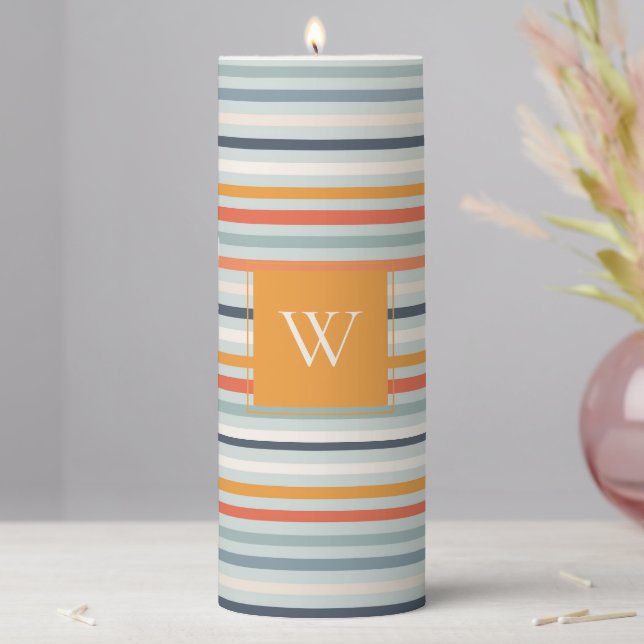 Cute Dusky Orange Blue Ochre Striped Pattern Pillar Candle (In Situ)